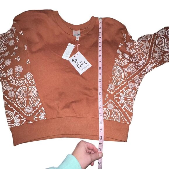Belle‎ du Jour Women Size XS Block Print Pullover Sweatshirt Brown Paisley Boho - Picture 5 of 11